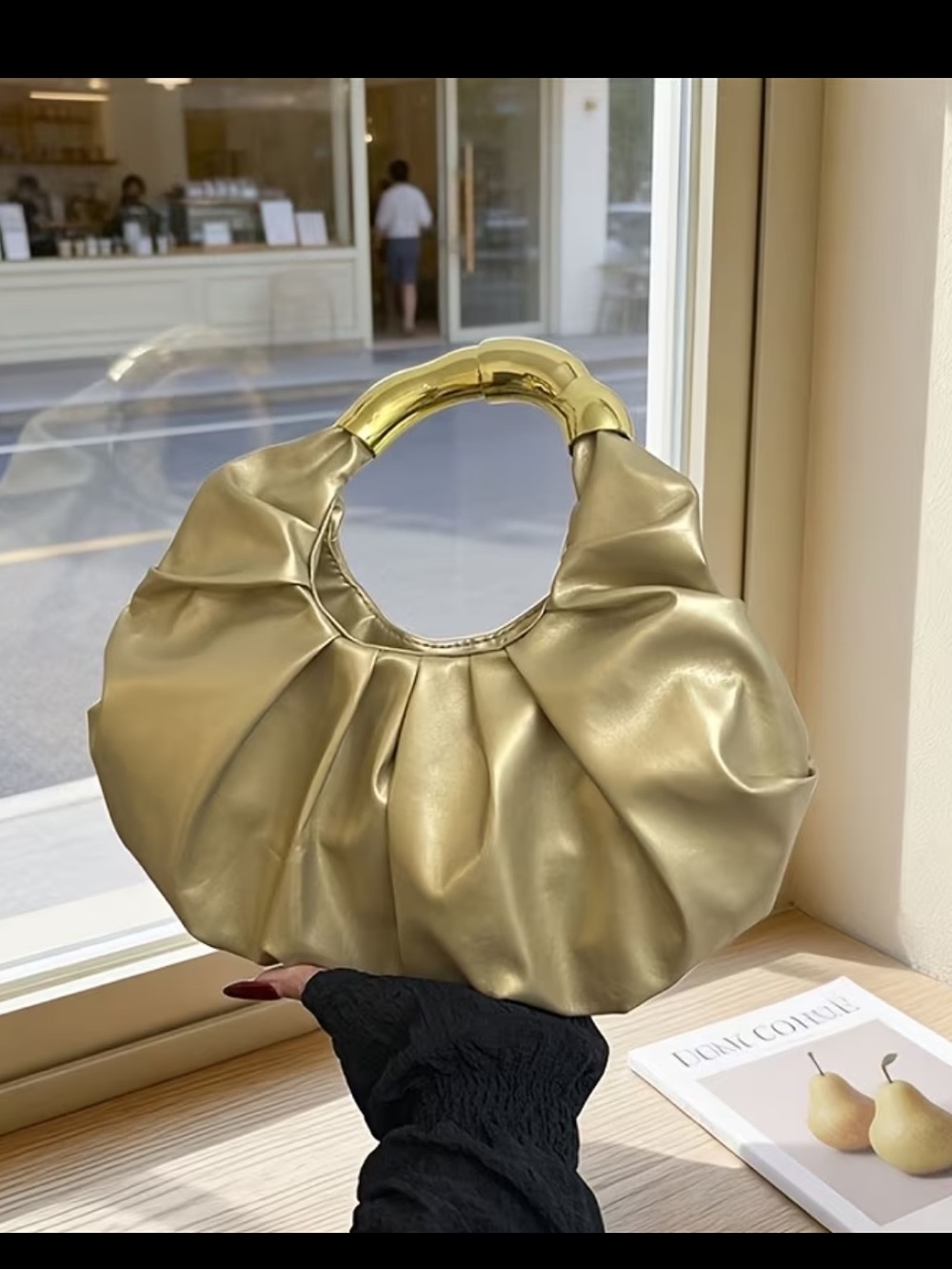 Affordable Fashion Finds Gold Metallic Pleated Hobo with Circle Handle